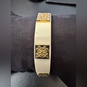 Rustic Cuff Gold Tone Cream Leather Bracelet 1195